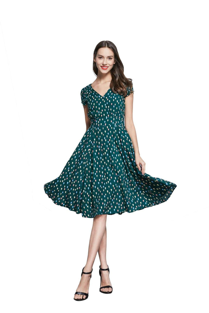 Emerald Green V Neck Cross Over Dress with Coloured Drops and Pockets