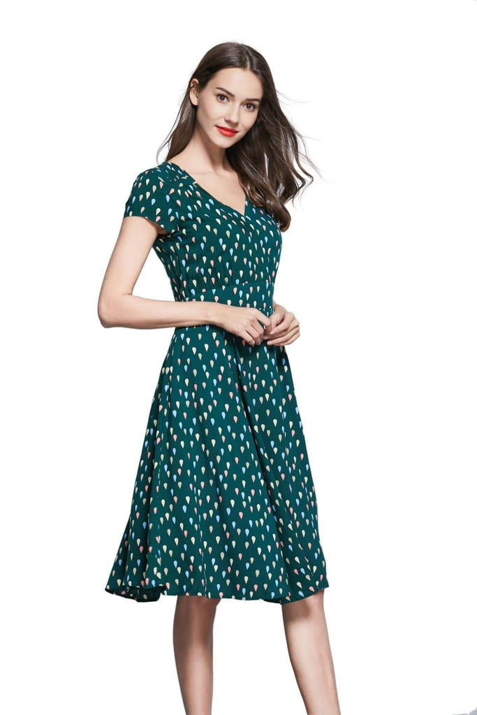 Emerald Green V Neck Cross Over Dress with Coloured Drops and Pockets