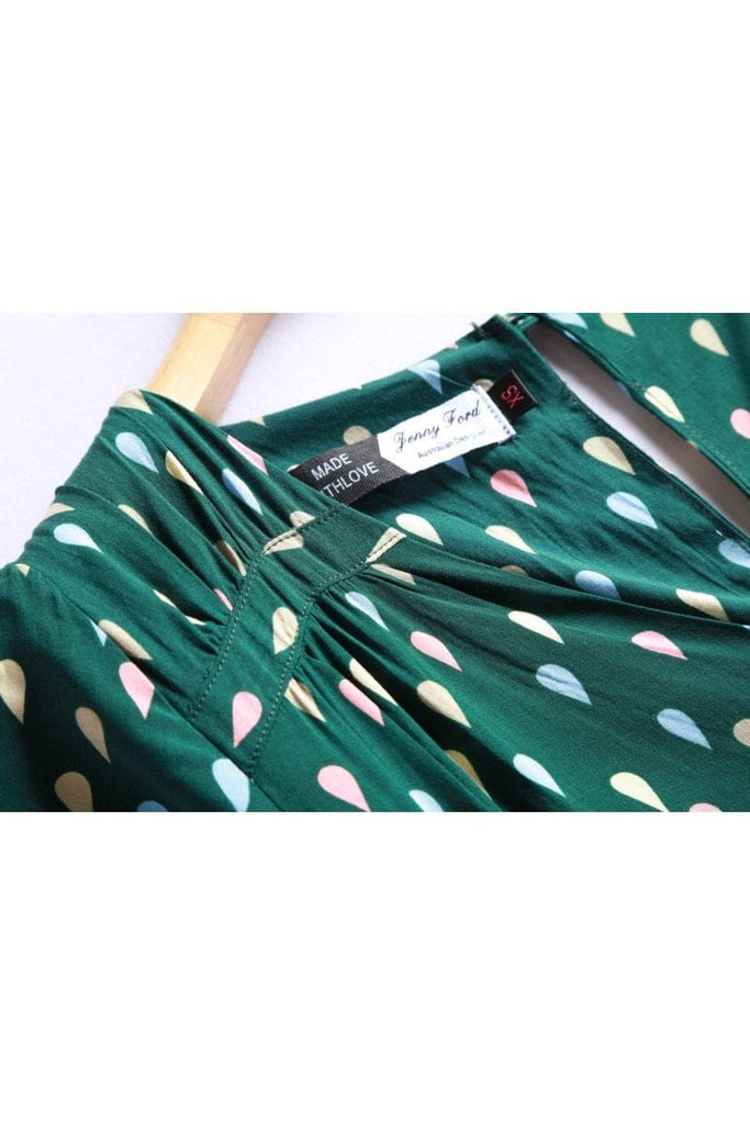 Emerald Green V Neck Cross Over Dress with Coloured Drops and Pockets