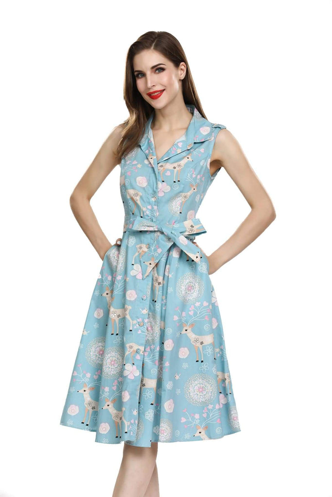 Fun and Cute Blue Reindeer and Dandelion Shirt Dress with Pockets