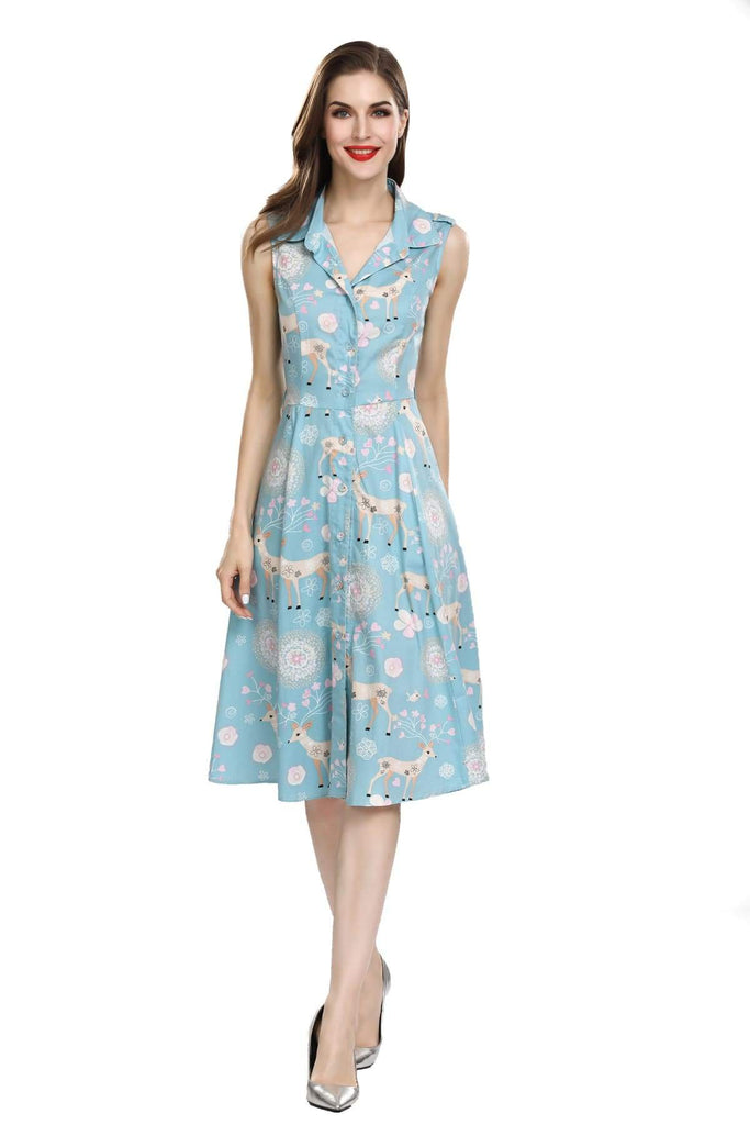 Fun and Cute Blue Reindeer and Dandelion Shirt Dress with Pockets