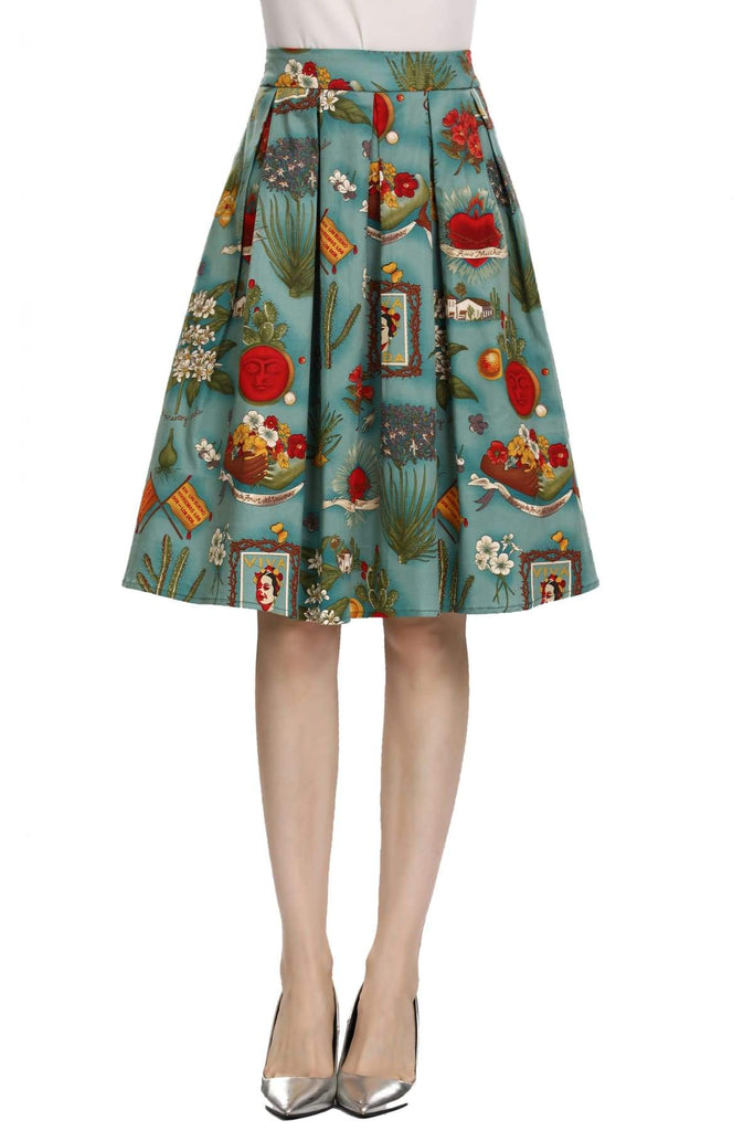 Fun Green Frida Box Pleated Skirt with Pockets