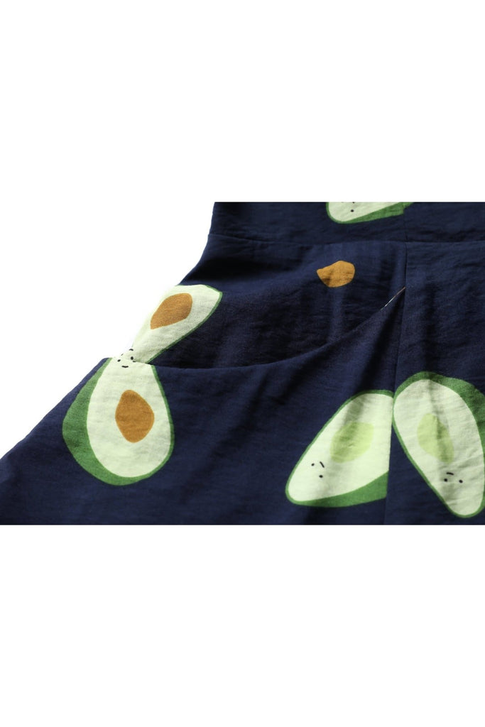 Fun Navy Avocado Scoop Neck A Line Dress with Pockets