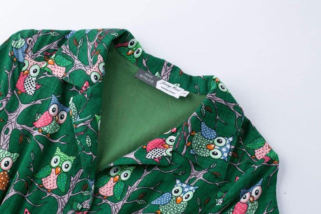 Green Fun Winking Owl Collared T-Shirt Vintage Dress