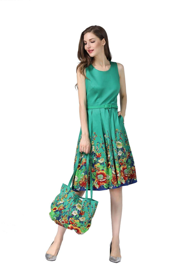 Green Scoop Neck Box Pleated Field of Flowers