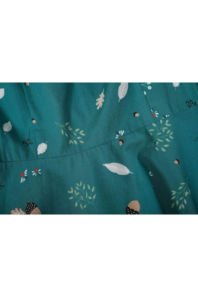 Green Sweetheart Acorn & Leaves A Line Cotton Dress with Pockets