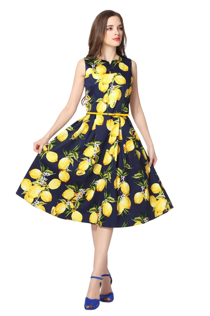 Lemon and Navy V Neck Vintage Cotton Dress