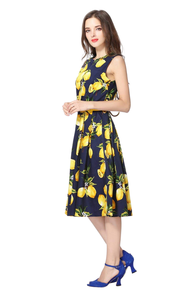 Lemon and Navy V Neck Vintage Cotton Dress