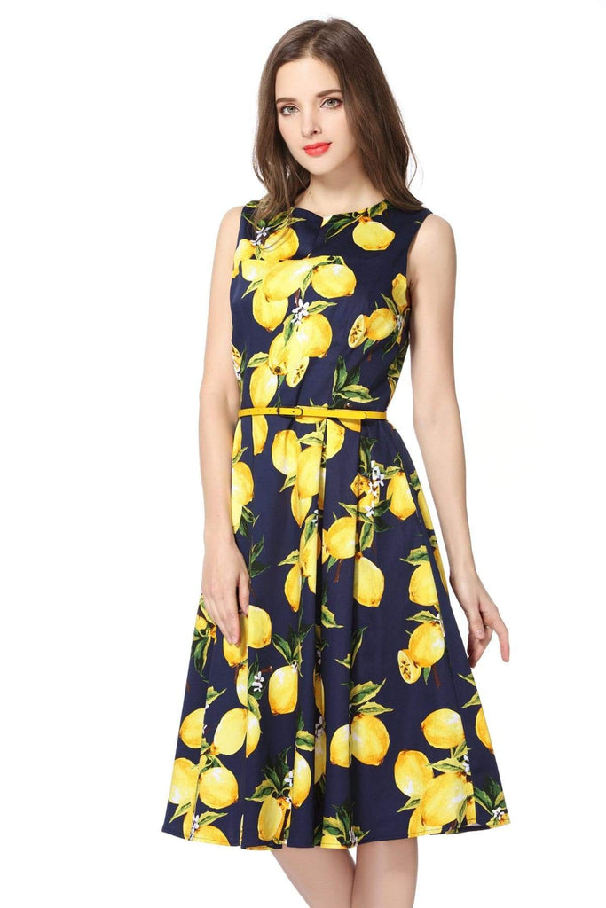 Lemon and Navy V Neck Vintage Cotton Dress