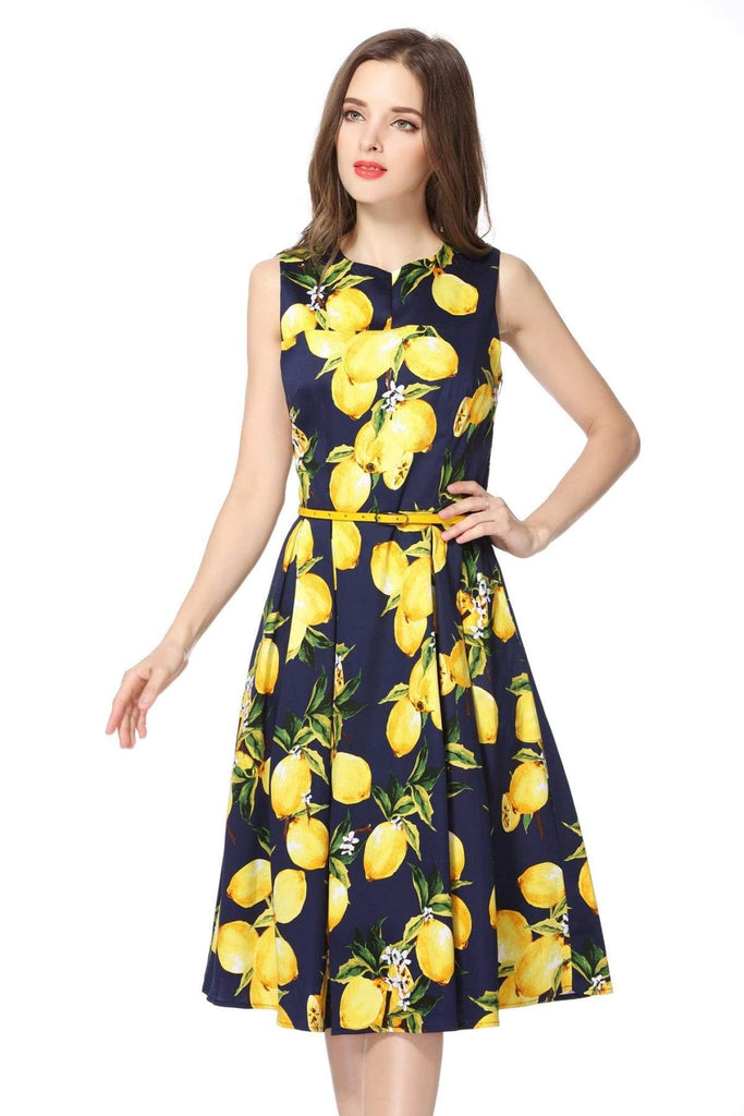 Lemon and Navy V Neck Vintage Cotton Dress