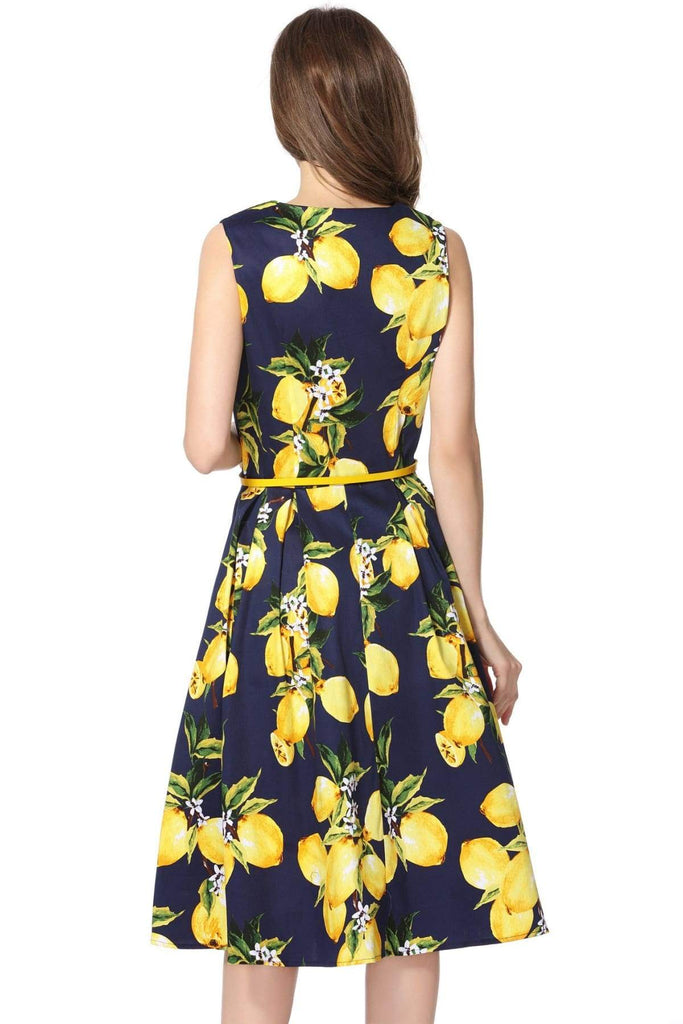 Lemon and Navy V Neck Vintage Cotton Dress