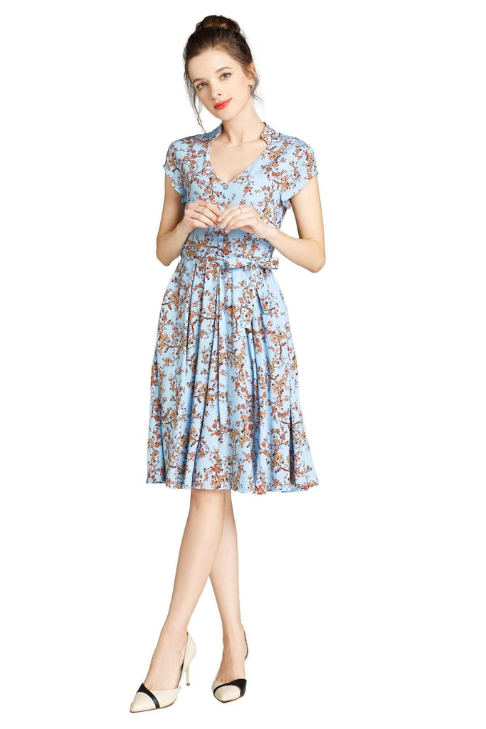 Light Blue Standing Collar V Neck with Orange Blossom Box Pleated Dress with Pockets