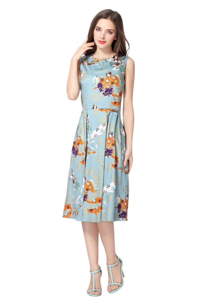 Light Mint Geisha V Neck Vintage Cotton Dress