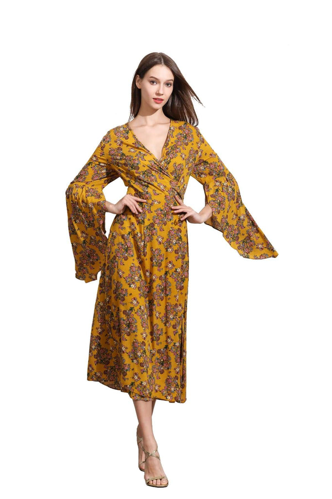 Light Mustard Yellow Angel Sleeve with Pink Bouquets Wrap Dress