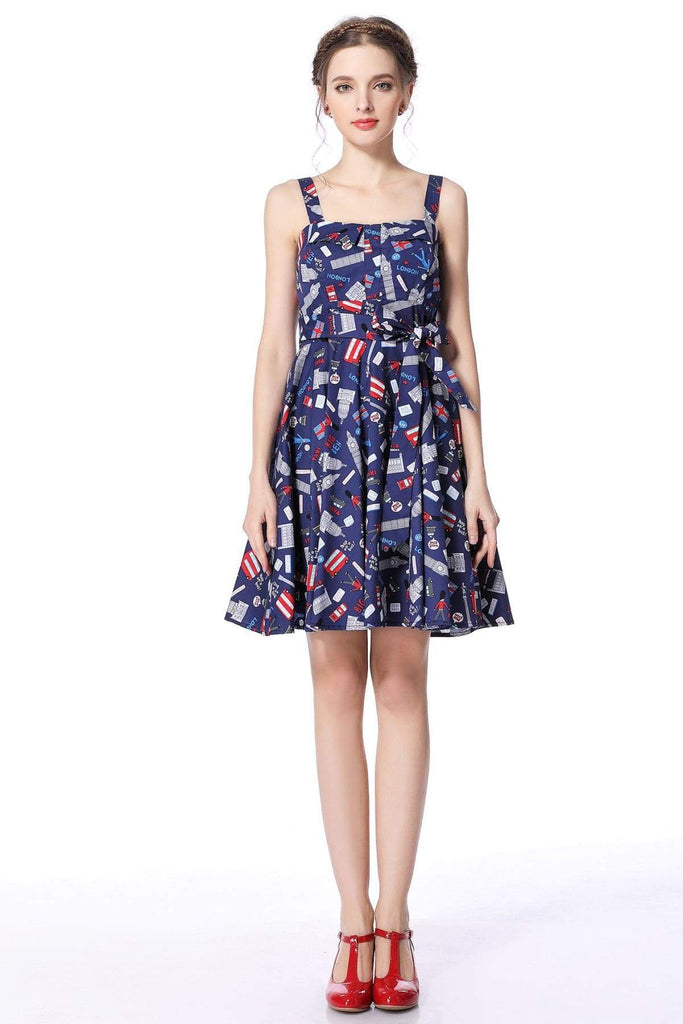 London Print Strap Dress with Pockets