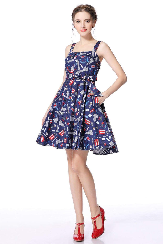 London Print Strap Dress with Pockets