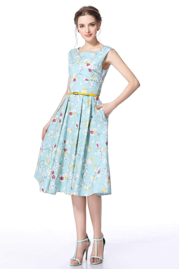 Mint Blossom Boat Neck Vintage Dress