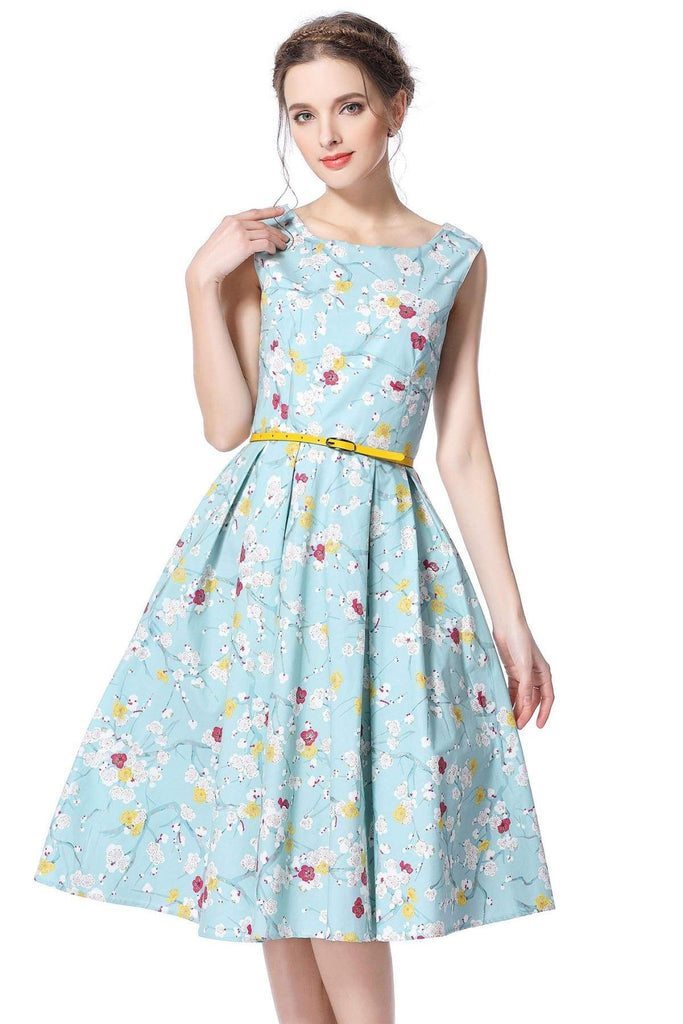 Mint Blossom Boat Neck Vintage Dress