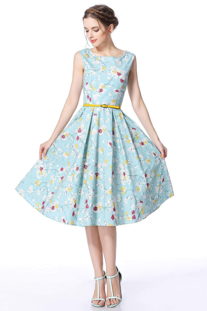 Mint Blossom Boat Neck Vintage Dress