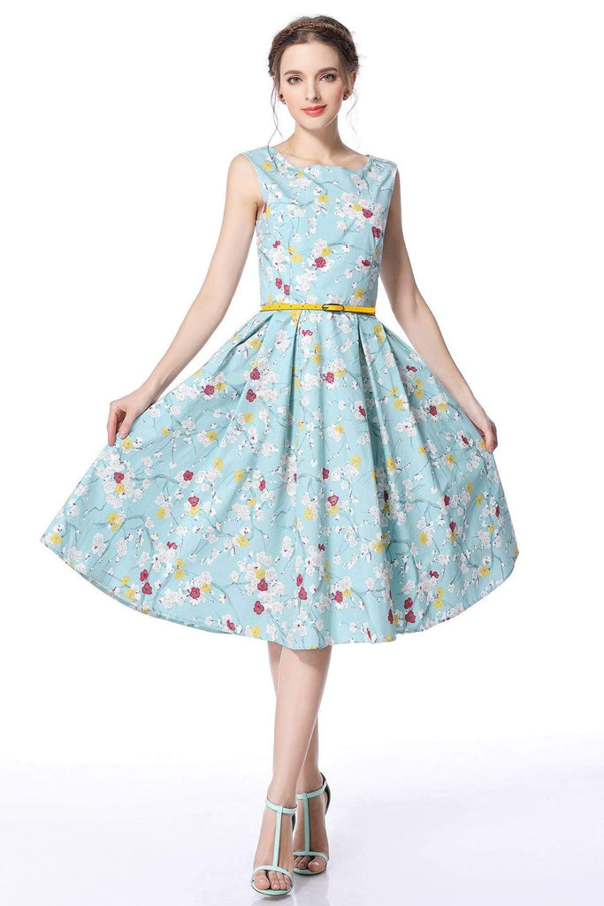 Mint Blossom Boat Neck Vintage Dress