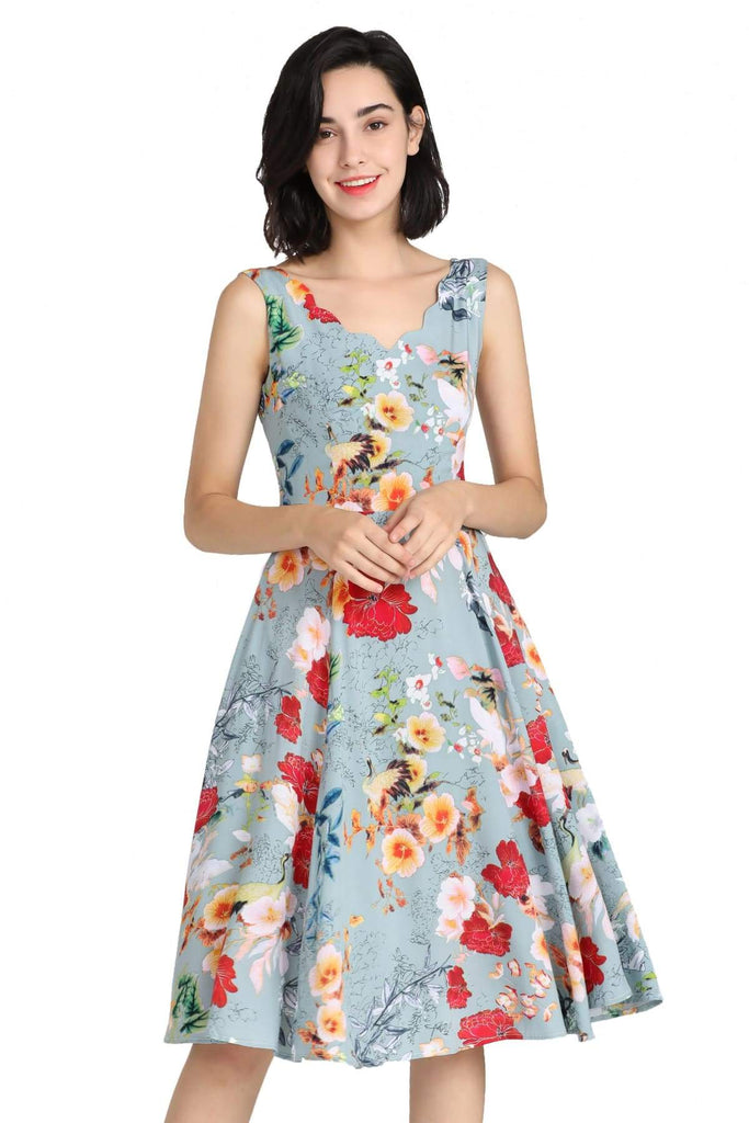 Mint Scallop Neckline with Gorgeous Cranes and Blooming Floral A Line Dress with Pockets