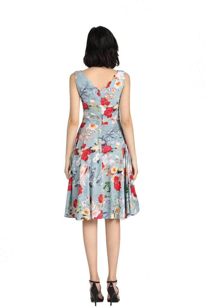 Mint Scallop Neckline with Gorgeous Cranes and Blooming Floral A Line Dress with Pockets