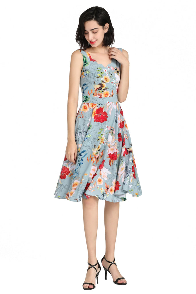 Mint Scallop Neckline with Gorgeous Cranes and Blooming Floral A Line Dress with Pockets
