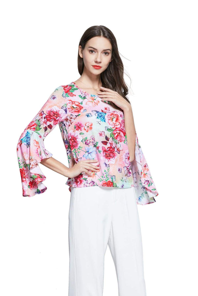 Multicoloured Scoop Neck with Blooming Pink Red and Peach Peony Bell Sleeve Top