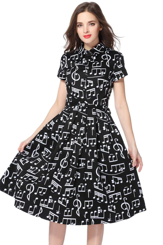 Musical Notes Black Collared Cotton Vintage Dress