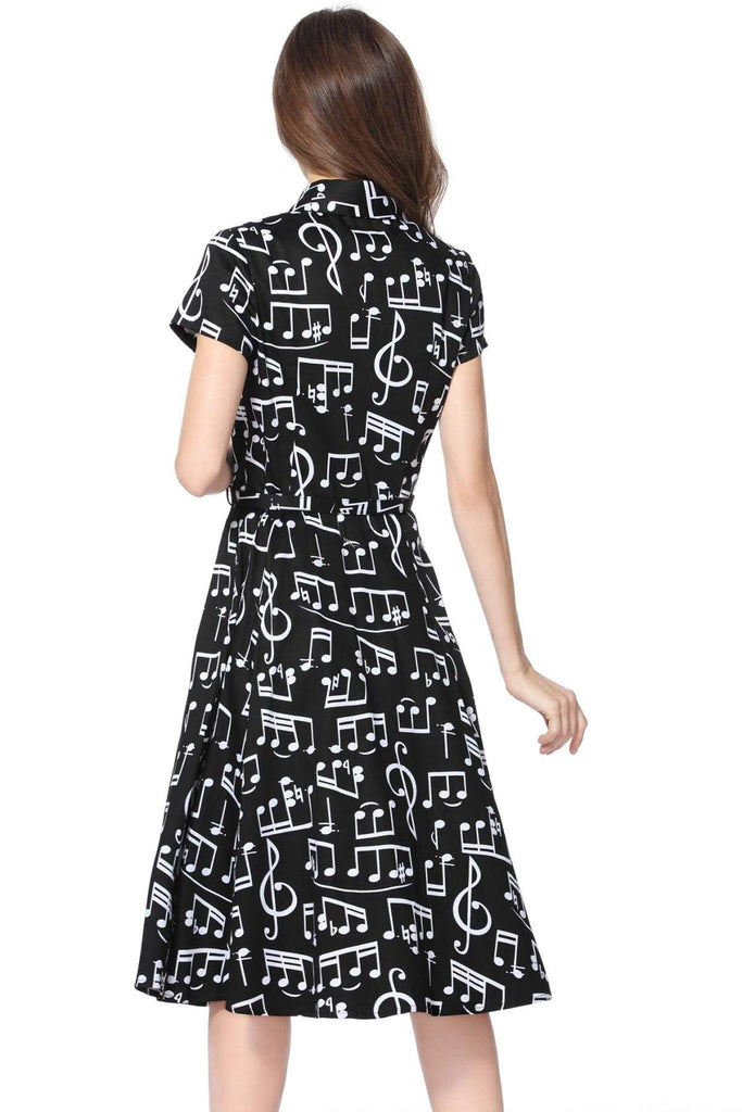 Musical Notes Black Collared Cotton Vintage Dress