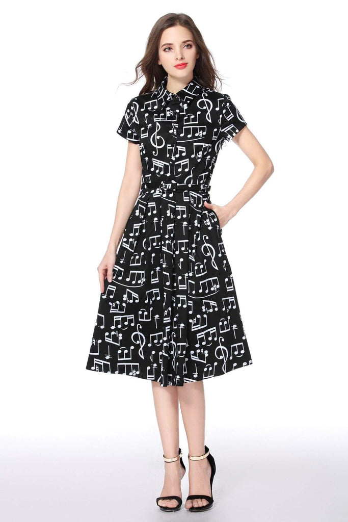 Musical Notes Black Collared Cotton Vintage Dress