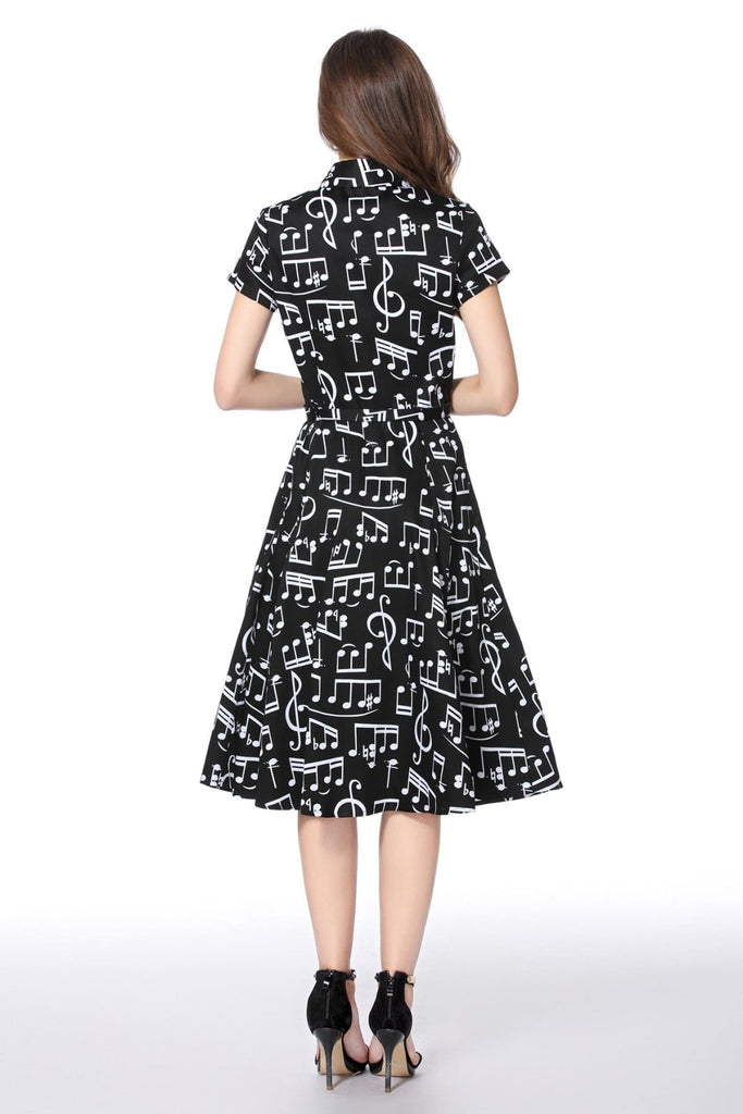 Musical Notes Black Collared Cotton Vintage Dress