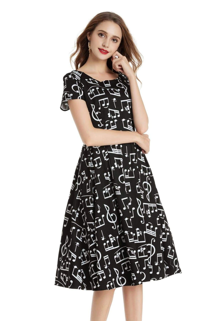 Musical Notes Black Scoop Neck Vintage Dress