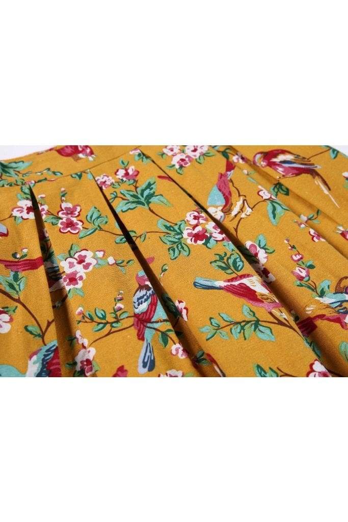 Mustard Yellow Red Bird Floral Box Pleated Skirt With Pockets