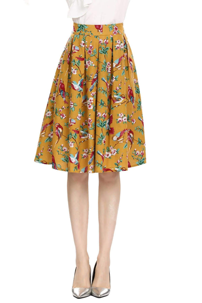 Mustard Yellow Red Bird Floral Box Pleated Skirt With Pockets