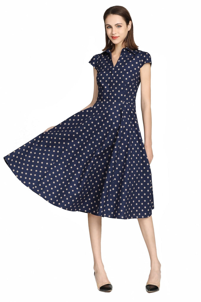 Navy Beige Polka Dot Collared Vintage Dress