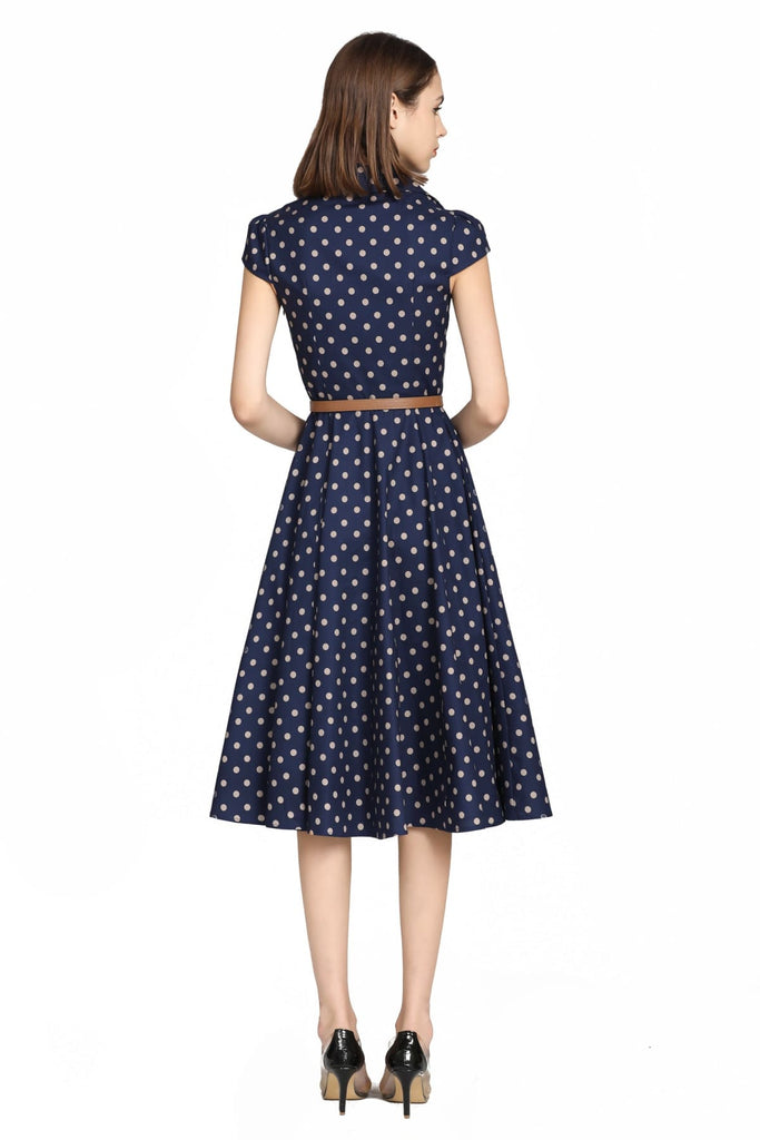 Navy Beige Polka Dot Collared Vintage Dress