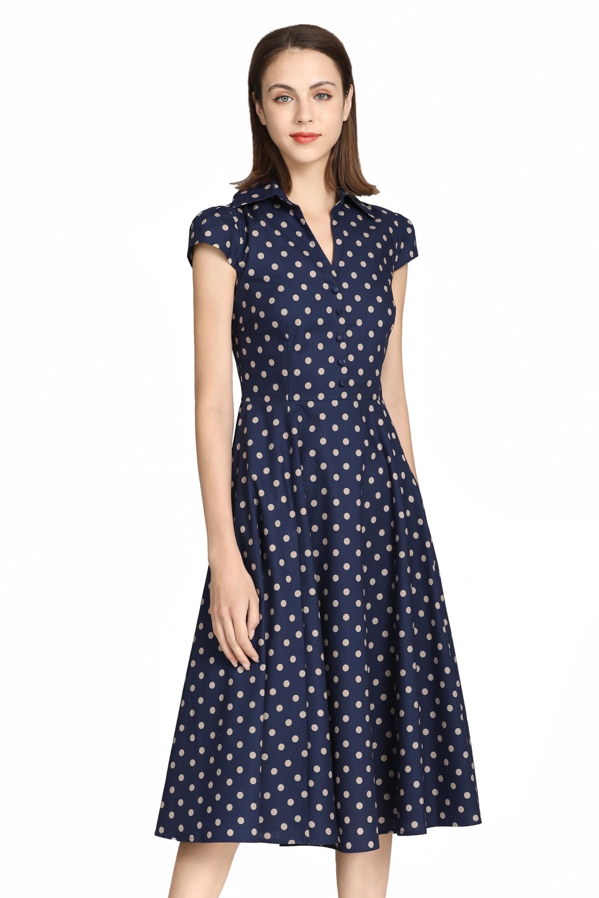 Navy Beige Polka Dot Collared Vintage Dress Navy Beige Polka Dot Collared Vintage Dress