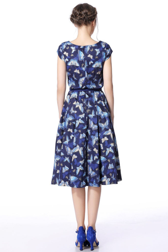 Navy Blue Butterfly V Neck Vintage Dress