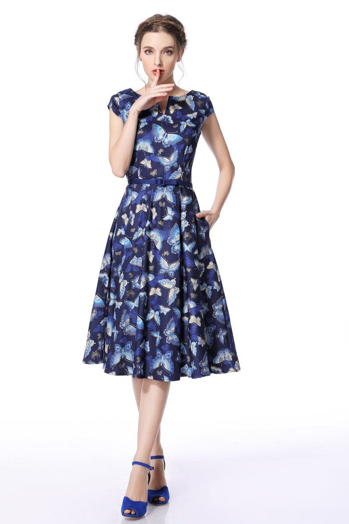 Navy Blue Butterfly V Neck Vintage Dress