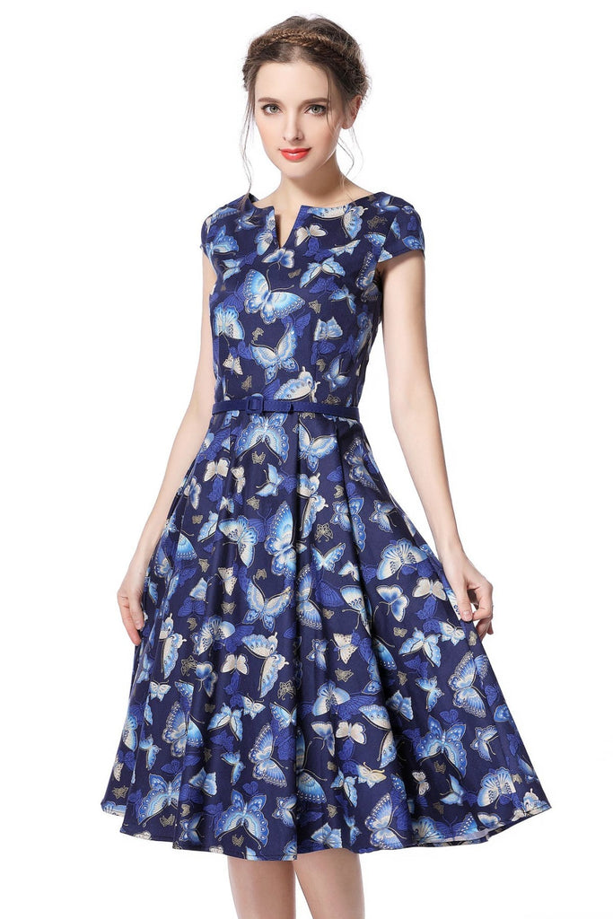 Navy Blue Butterfly V Neck Vintage Dress