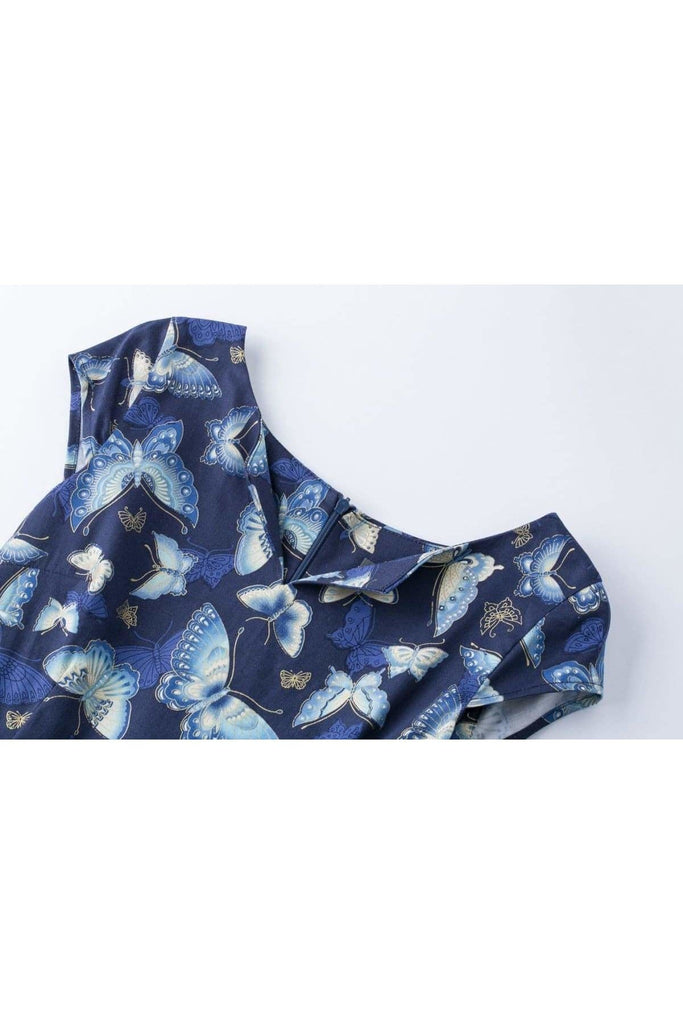 Navy Blue Butterfly V Neck Vintage Dress