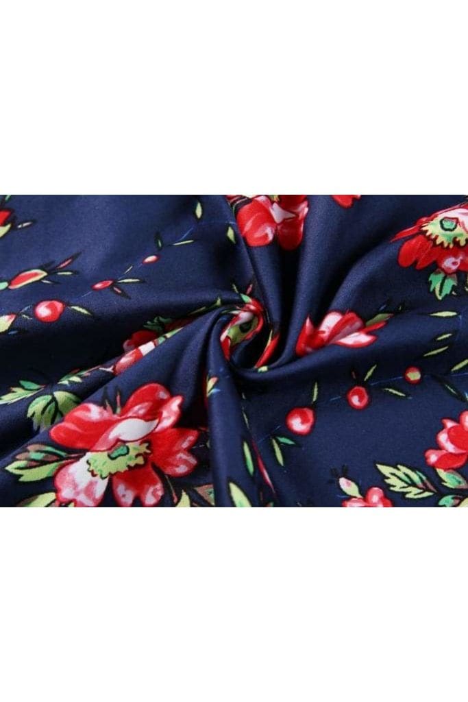 Navy and Bright Red Carnation Folded Collar A Line Dress with Pockets