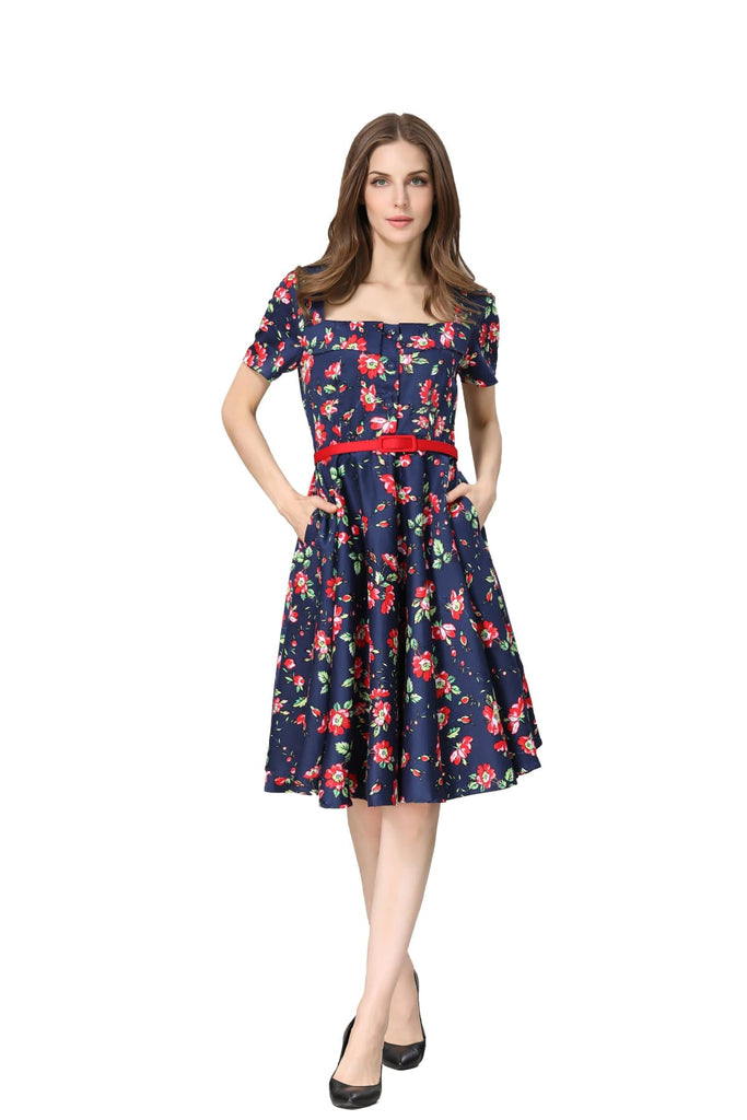 Navy and Bright Red Carnation Folded Collar A Line Dress with Pockets