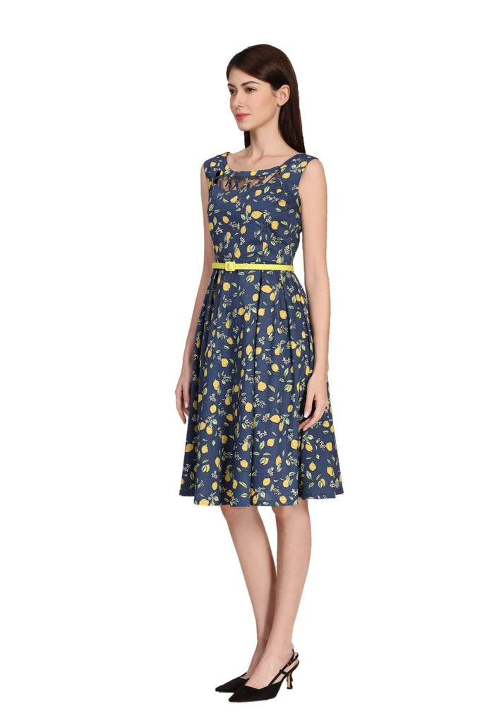 Navy Lemon Scoop Neck Lattice Detail A Line Cotton Dress with Pockets