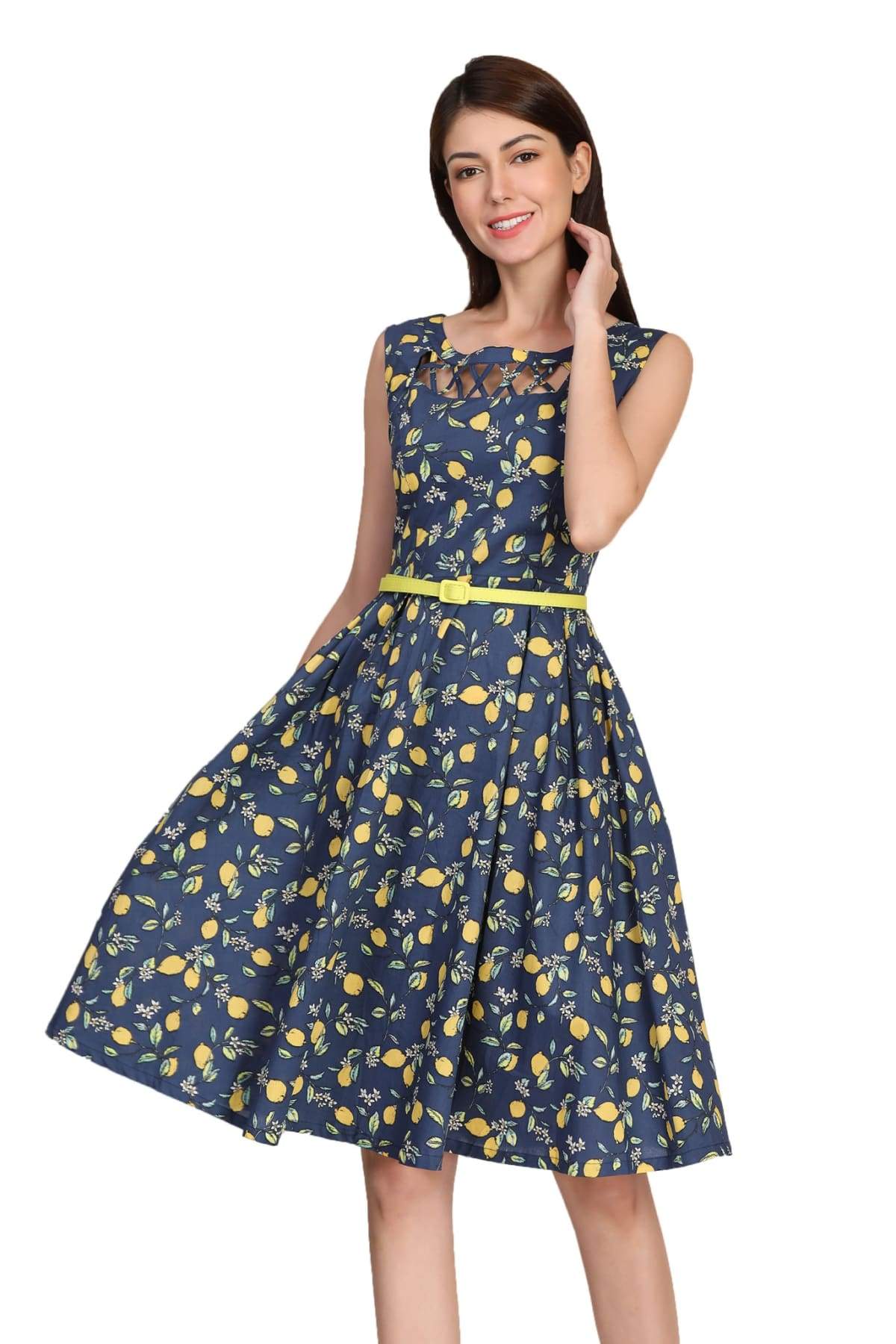 Navy Lemon Scoop Neck Lattice Detail A Line Cotton Dress with