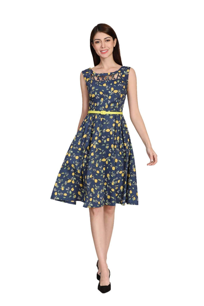 Navy Lemon Scoop Neck Lattice Detail A Line Cotton Dress with Pockets