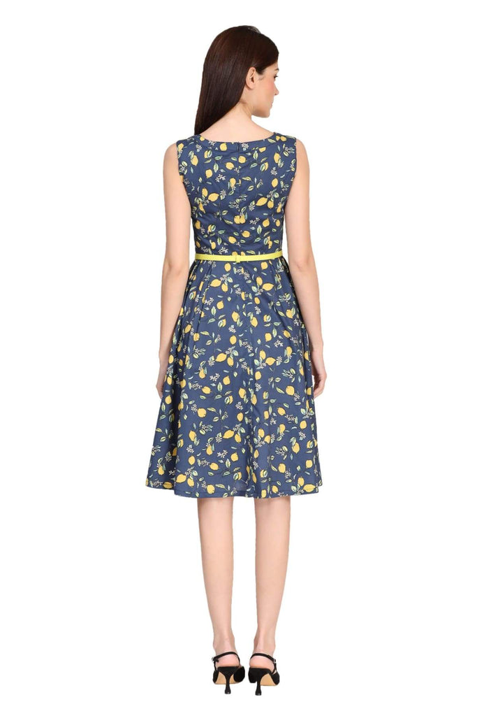 Navy Lemon Scoop Neck Lattice Detail A Line Cotton Dress with Pockets