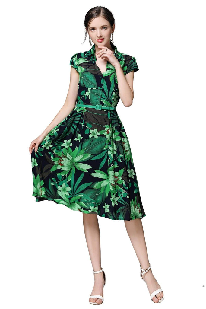 Navy V Neck Box Pleat Dress with Green Tiger Lily and Palm Leaves with Pockets