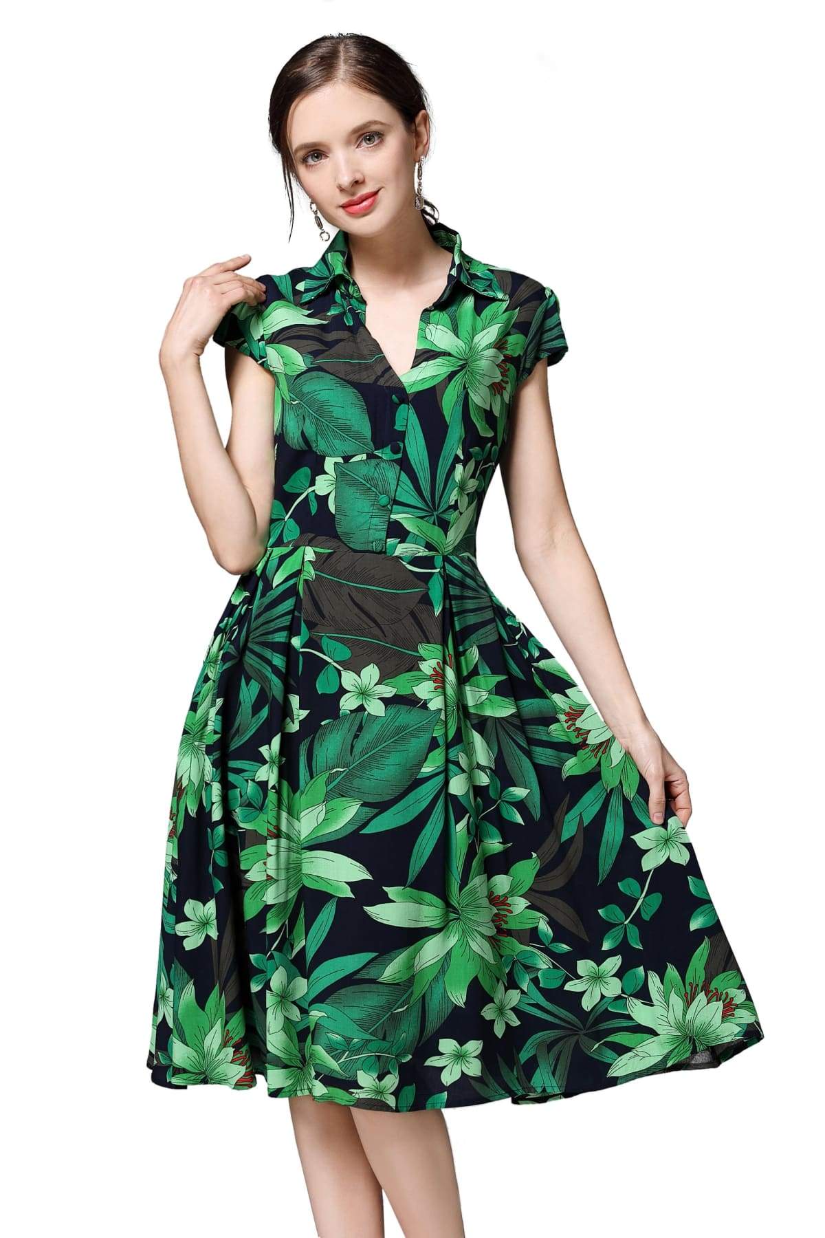 Navy V Neck Box Pleat Dress with Green Tiger Lily and Palm Leaves with Pockets Navy V Neck Box Pleat Dress with Green Tiger Lily and Palm Leaves with Pockets